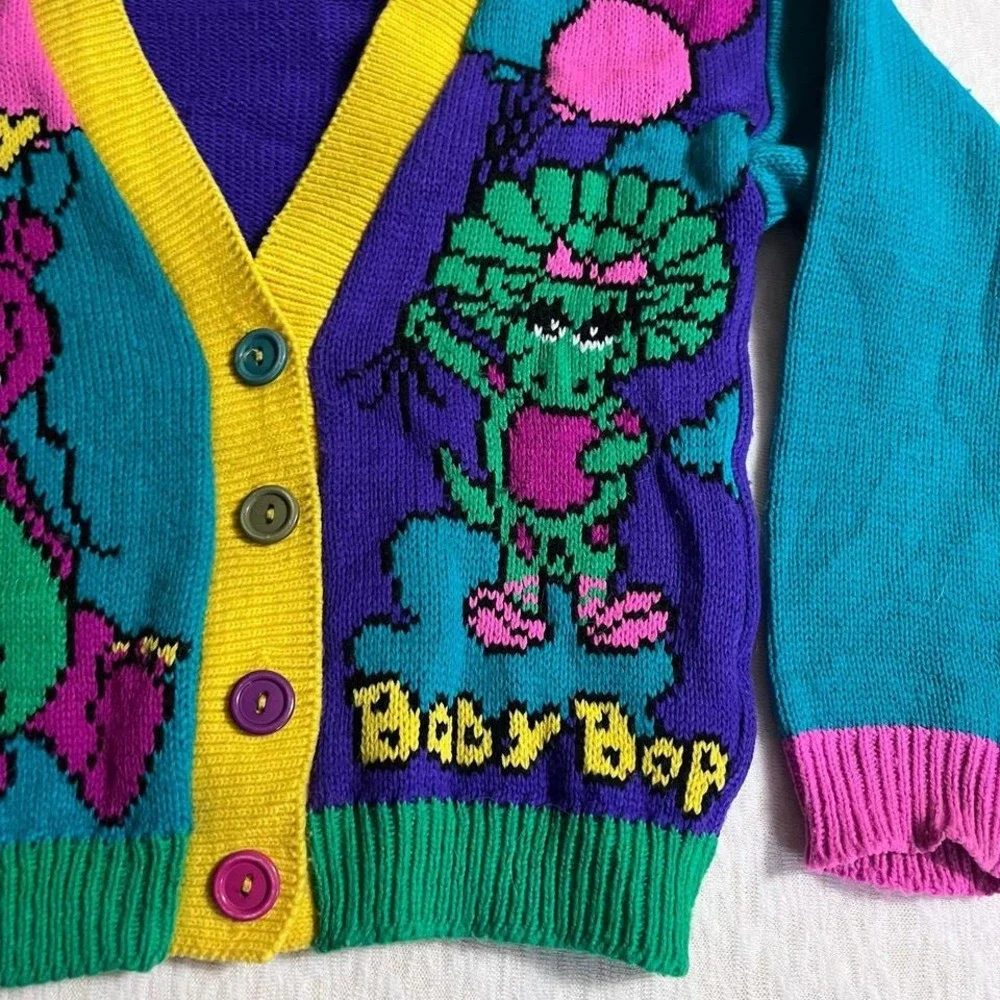 Vintage 1992 Barney Baby‎ Bop Cardigan Sweater Kids Size 6 Colorful USA Rare